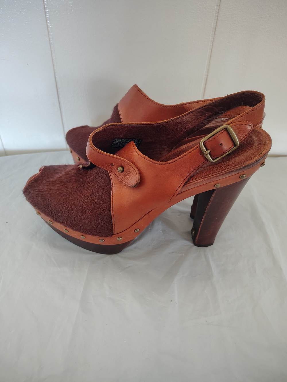 UGG Leather & Hair-on-Hide Wooden Clogs Platform Heels Size 8